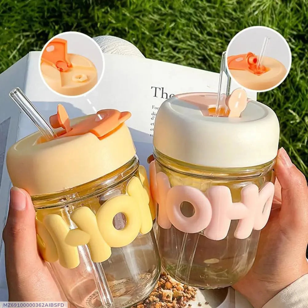HOHO glass tumbler aesthetic sipper cup with straw 350ml