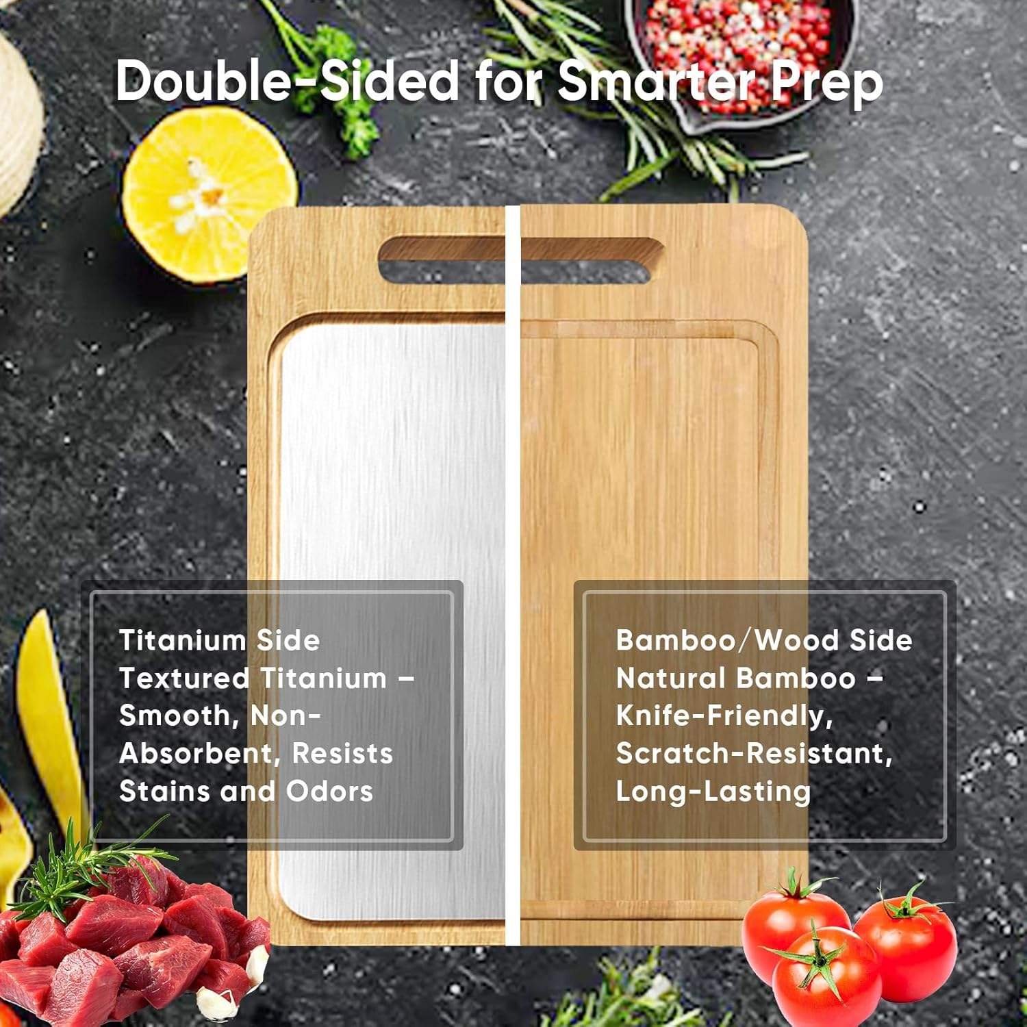 2-in-1 Double-Sided Cutting Board | Food-Grade Bamboo & Titanium Steel Chopping Board with Juice Groove