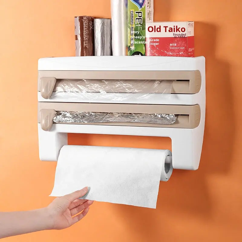 Kitchen Multifunctional Storage Wall Mounted Organizer 3-Layer Paper Wrap Towel Holder Sliding Cutter for Cling Film Tin Foil