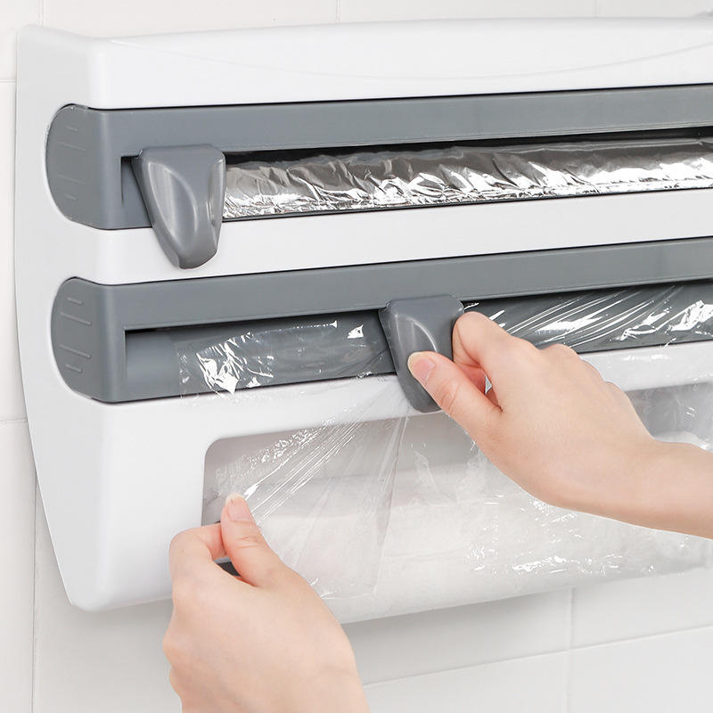 Kitchen Multifunctional Storage Wall Mounted Organizer 3-Layer Paper Wrap Towel Holder Sliding Cutter for Cling Film Tin Foil