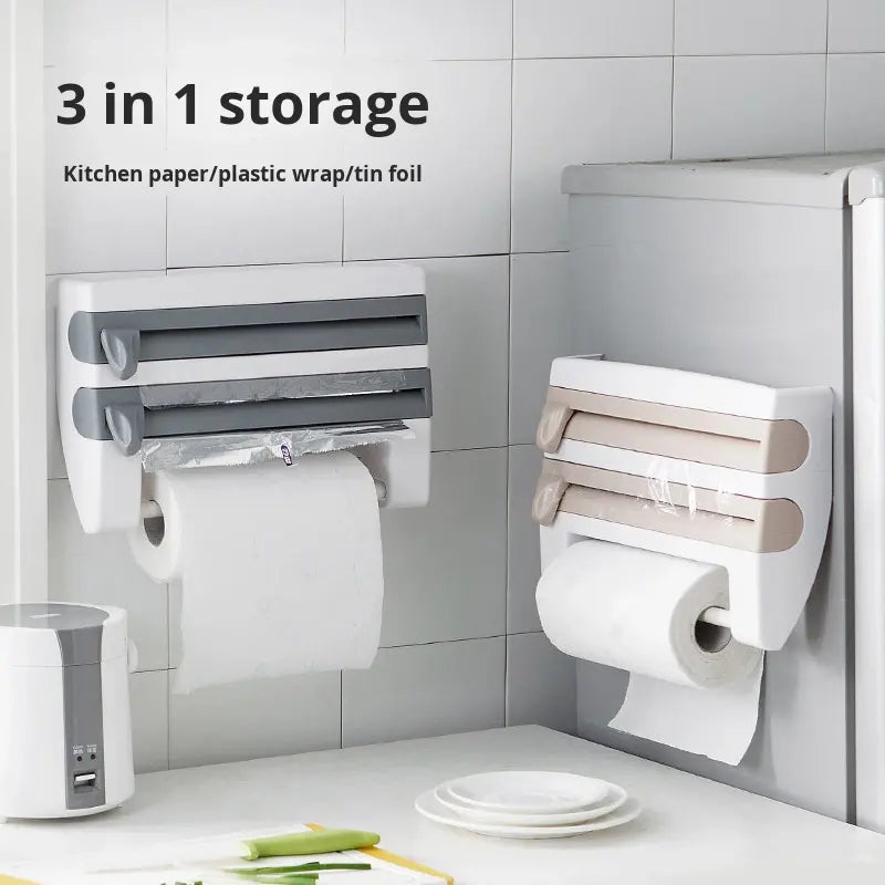 Kitchen Multifunctional Storage Wall Mounted Organizer 3-Layer Paper Wrap Towel Holder Sliding Cutter for Cling Film Tin Foil