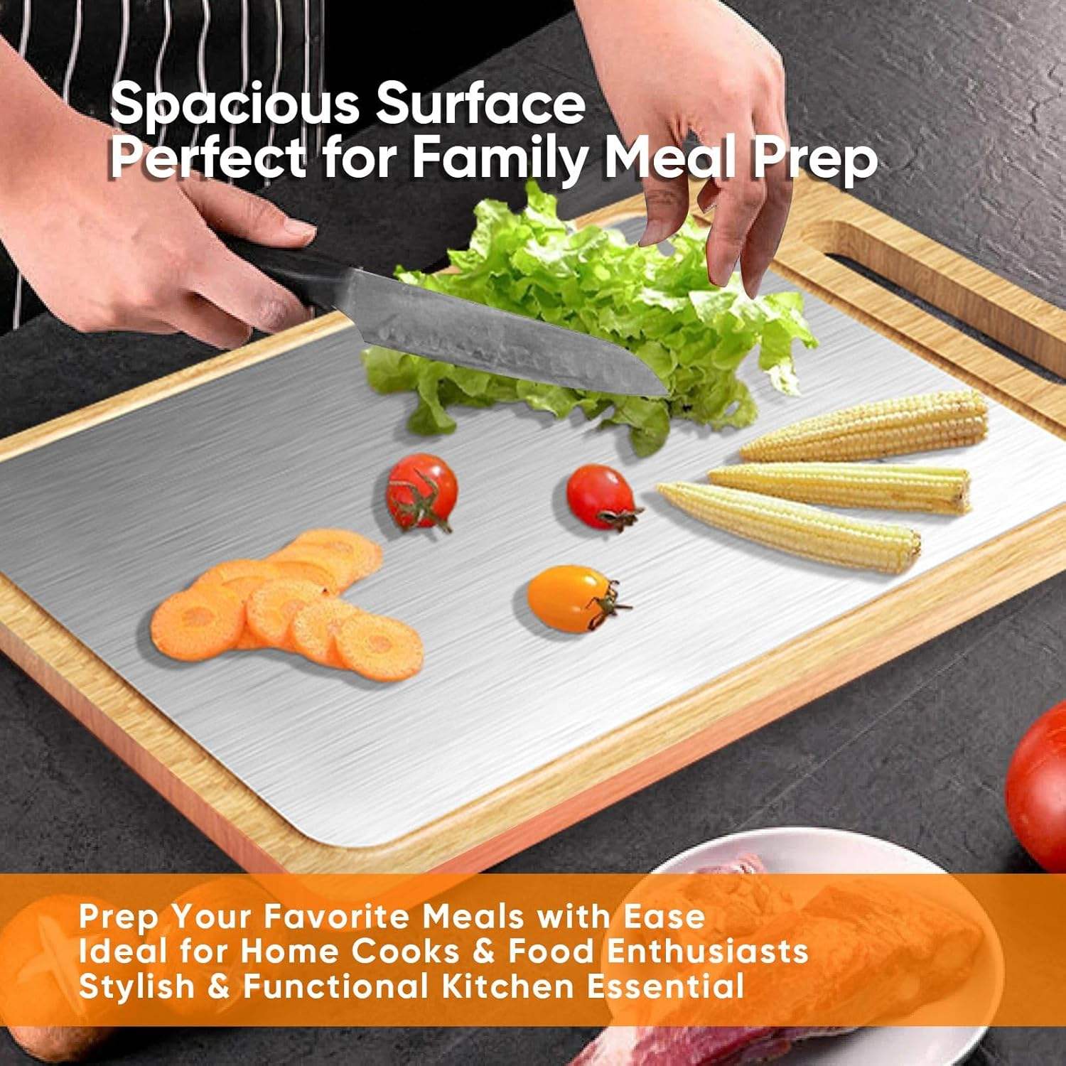 2-in-1 Double-Sided Cutting Board | Food-Grade Bamboo & Titanium Steel Chopping Board with Juice Groove