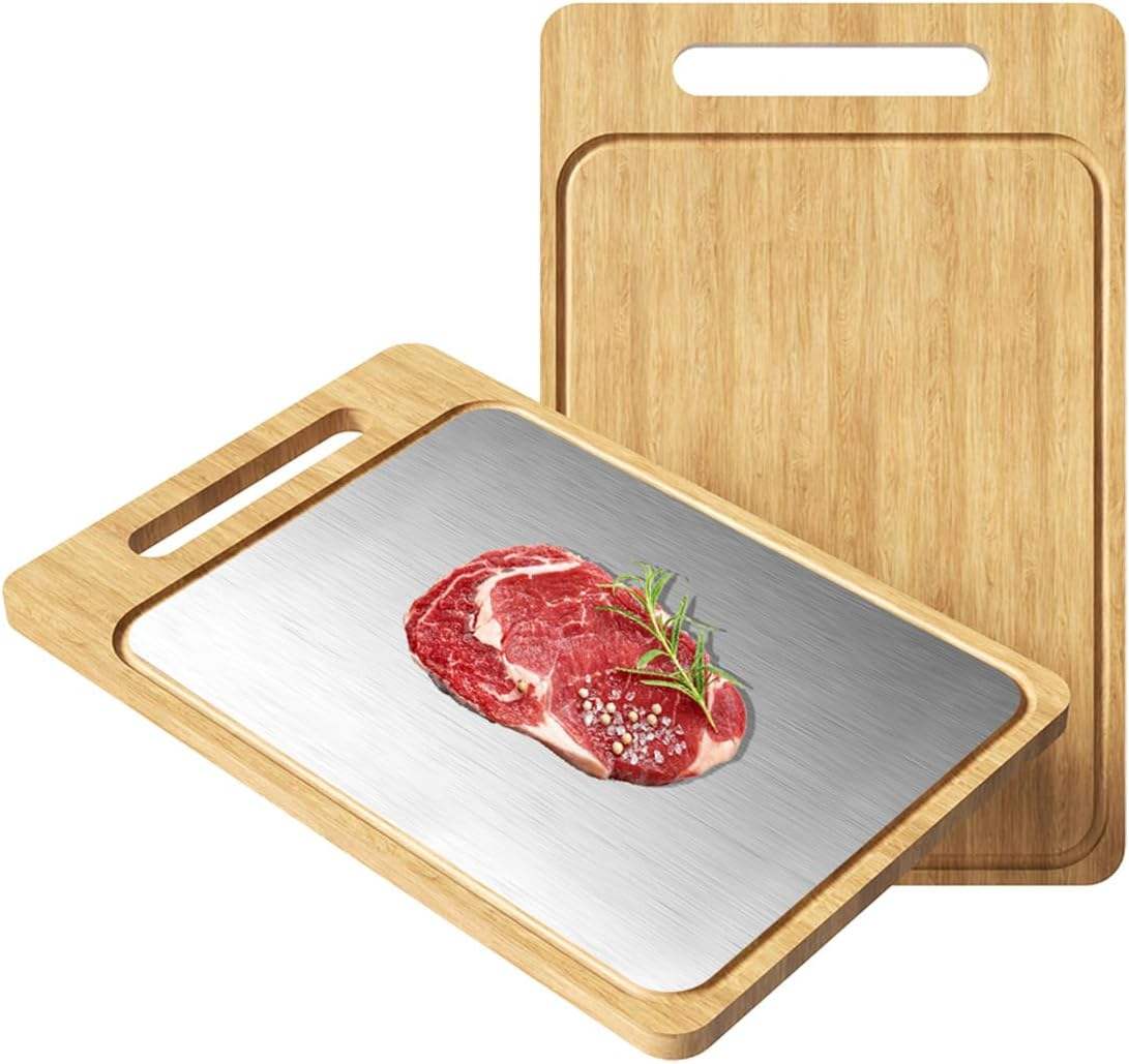 2-in-1 Double-Sided Cutting Board | Food-Grade Bamboo & Titanium Steel Chopping Board with Juice Groove