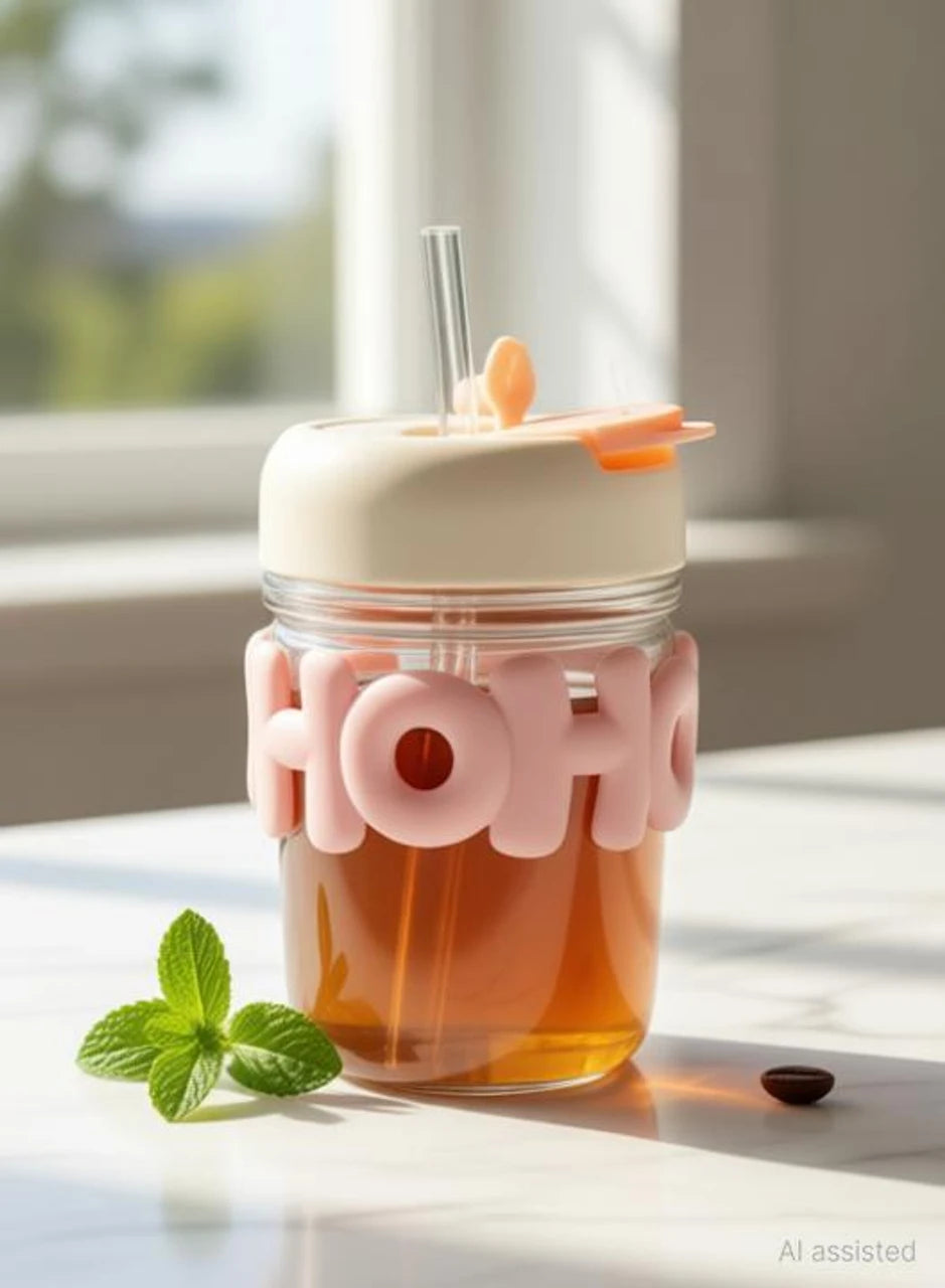 HOHO glass tumbler aesthetic sipper cup with straw 350ml